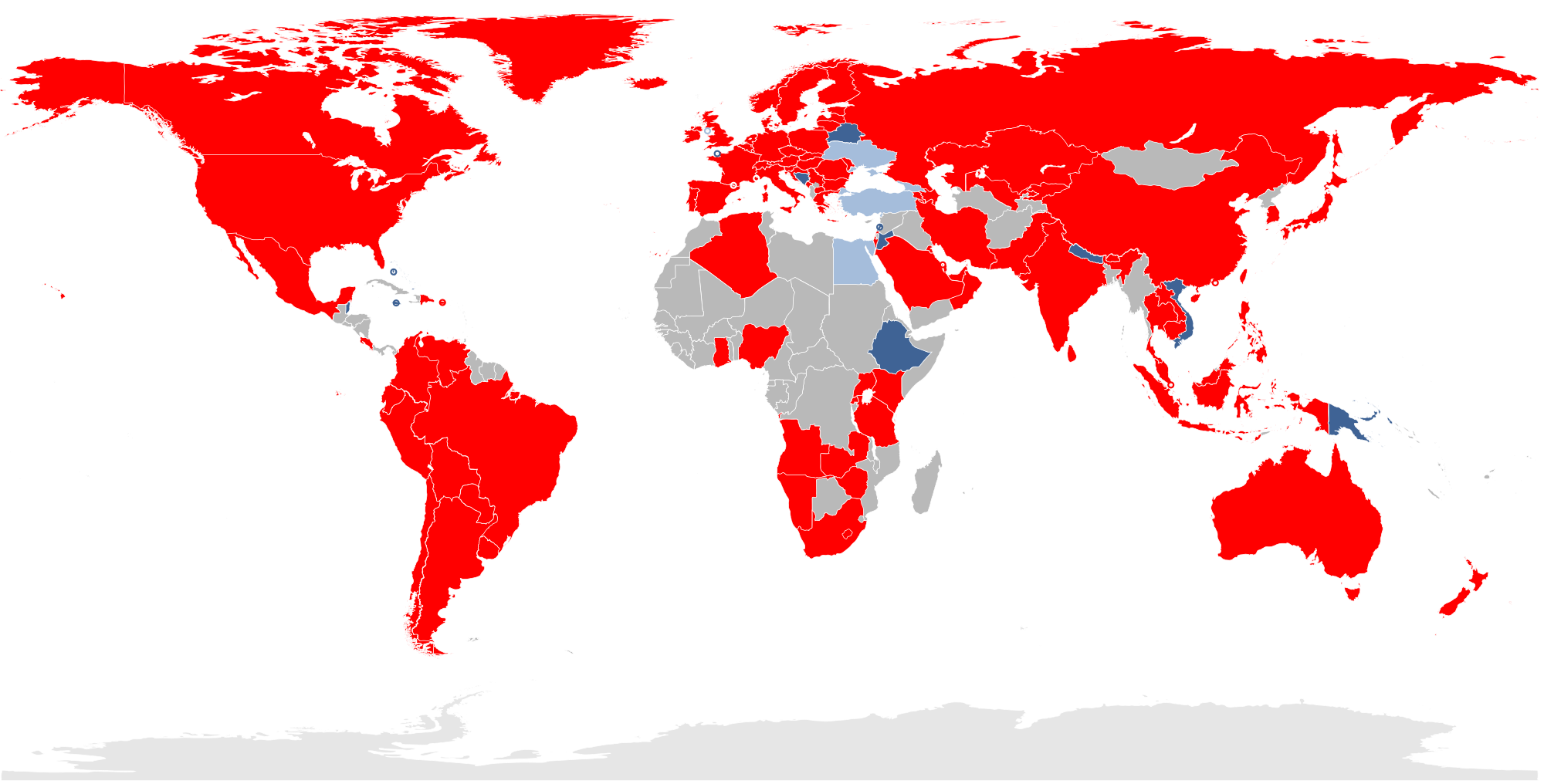Mapa de cobertura LTE. En rojo, con servicio activo; en azul oscuro, proyectado; en azul claro, en pruebas
